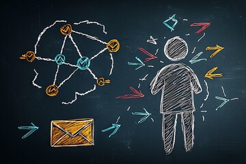 Poster - Detailed freehand sketch of a person a mail envelope and a network of intersecting arrows visually conveying the idea of a worldwide social connection presented against a dark atmospheric backdrop
