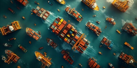 Poster - Sweeping aerial perspective of a bustling offshore logistics center showcasing the intricate choreography of cargo ships container vessels and towering cranes transferring freight