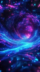 Poster - Vibrant Swirling Cosmic Tunnel of Light and Energy with Abstract Patterns in Blue and Pink Colors, Representing a Journey Through Space and Time