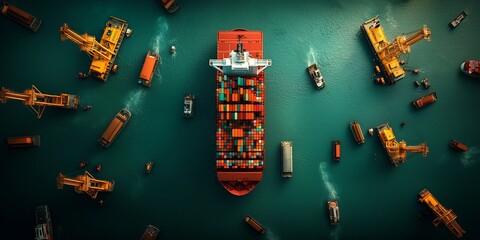 Poster - Sweeping aerial view showcasing the intricate choreography of cargo ships container vessels and towering cranes transferring freight at a bustling offshore logistics center