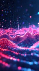 Poster - Vibrant Abstract Landscape of Colorful Particles and Waves Representing Digital Communication and Data Flow in a Futuristic Setting