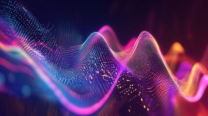 Poster - Colorful Abstract Waves in Motion with Neon Glow and Digital Particles Creating a Dynamic Visual Experience for Technology and Music Themes