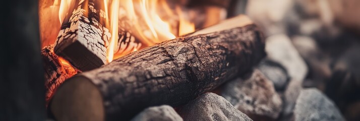 Poster - Close up view of a burning log in a fireplace, radiating a warm glow and creating a cozy atmosphere, ideal for enjoying comfortable moments during chilly winter nights