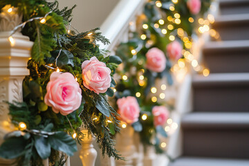 Wall Mural - A staircase railing wrapped with a garland of faux greenery and pink silk flowers, accented by tiny fairy lights