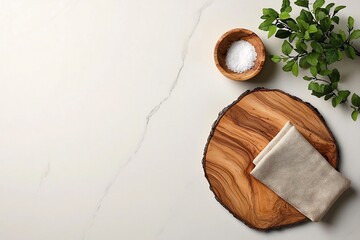 Poster - Overhead view of a beautifully styled marble tabletop featuring a natural wood board and soft fabric napkin