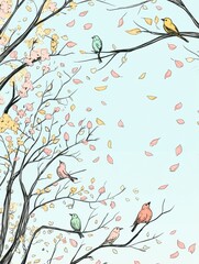 Poster - Colorful hand drawn doodle of birds perched on branches with blooming flowers and falling petals against a blue background. Generative AI