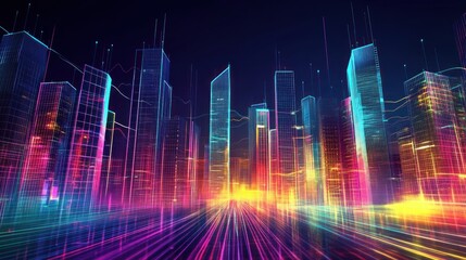 Poster - Vibrant Neon Cityscape at Night with Futuristic Skyscrapers and Electric Glow in a Colorful Background, Perfect for Modern Technology and Urban Aesthetic Themes