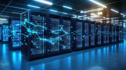 Poster - Data center with servers and network connections.