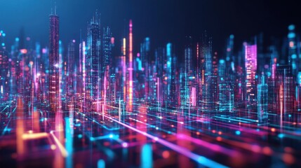 Poster - Futuristic Cityscape Abstract Illustration with Neon Lights and Glowing Lines Representing Digital Connectivity and Urban Environment at Night
