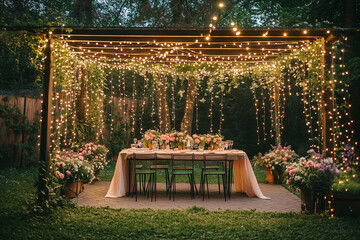 Wall Mural - A garden party setup with a floral canopy, string lights, and a table decorated with blooming arrangements