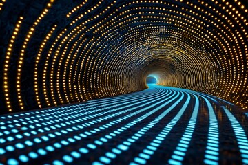 Poster - Pulsing wave of luminous energy swirling through a futuristic digital tunnel with shimmering chromatic refractions glowing fractals