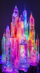Poster - Vibrant Crystal City Landscape with Colorful Light Effects Creating an Enchanting Fantasy Artwork Displaying Intricate Architectural Designs