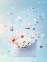 Poster - Colorful flowers emerge from an envelope with petals floating in a bright blue sky. Generative AI