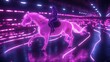 Rider on glowing horse in neon tunnel.