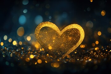 Sticker - Glittering golden heart on dark bokeh background.