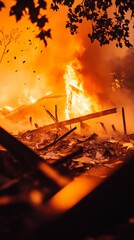 Poster - Intense flames engulfing a burning building, creating a scene of destruction and chaos as debris falls around, highlighting the devastating power of fire