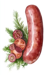 Wall Mural - National Kraut and Frankfurter Week Watercolor sausage with fresh herbs and juicy tomatoes for culinary design