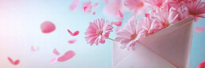 Poster - Flowers emerge from an envelope surrounded by delicate petals in a soft pastel background. Generative AI