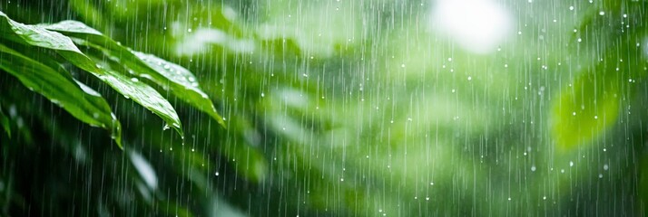 Aufkleber - Rainwater cascading from vibrant green leaves during a heavy downpour in a tropical forest creates a refreshing and serene atmosphere, highlighting the beauty of nature's purity