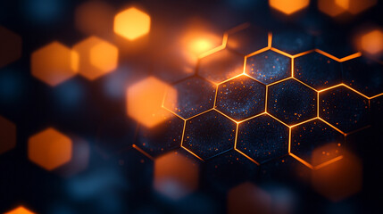 Poster - A futuristic abstract background featuring black blue and orange glowing hexagons in a 3D rendering with a blurred effect representing innovation energy and interconnected chaos in a dynamic digital r
