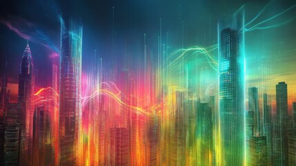 Poster - Vibrant Abstract Cityscape with Colorful Light Trails and Futuristic Skyscrapers, Representing Urban Energy and Modern Technology Innovation