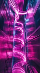 Poster - Abstract representation of vibrant light trails in a futuristic urban environment, showcasing swirling pink and blue illumination amidst sleek reflective surfaces.