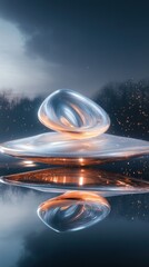 Poster - Abstract Composition of Swirling Metallic Shapes Reflecting on Still Water Surface with Soft Lighting and Gentle Background