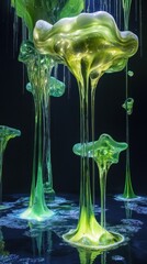 Poster - Ethereal Green Fluid Forms Emanating a Mystical Glow, Suspended Over a Dark Background, Creating a Surreal and Dreamlike Environment with a Vibrant Aesthetic