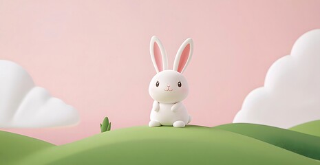 Wall Mural - Cute cartoon bunny sitting on a green hill against a pink sky.