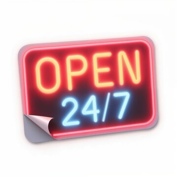 A vibrant neon style sign displaying the text Open 24 or 7, with Open in red and 24 or 7 in blue. The design features a curled bottom left corner.