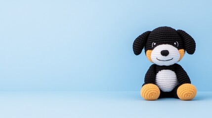 Black and white crochet dog toy with orange accents, seated on a blue surface, handmade amigurumi soft toy, minimalistic design with copy space, gift or nursery decor idea

