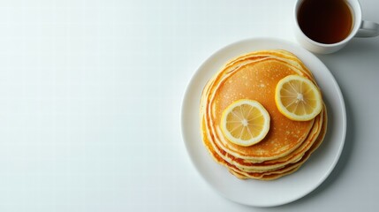 Poster - Fluffy pancakes garnished with fresh lemon slices next to a cup of tea on a clean white table. Generative AI
