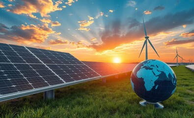 Renewable energy landscape, solar panels and wind turbines at sunset, vibrant orange sky, dramatic clouds, green field, Earth globe in foreground, eco-friendly technology, sustainable future, photorea