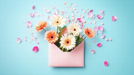 Poster - Bright flowers in an envelope with petals on a blue background create a cheerful and vibrant atmosphere for any occasion. Generative AI
