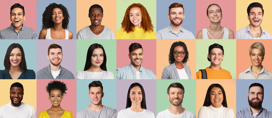 Wall Mural - Positive Emotions Faces Collage. Set Of Diverse Human Portraits On Different Pastel Colored Backgrounds. Successful Young Millennial People Heads, Happy Multicultural Men And Women Headshots Mosaic.