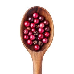 Wall Mural - Pink peppercorns in a wooden spoon against a clean transparent background, showcasing the spices vibrant color and texture, pink peppercorn in wood spoon isolated on transparent background