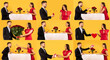 © Prostock-studio - A couple showcases their affection in a lively collage, enjoying a romantic Valentine's Day dinner. The scene features red roses, heartfelt gifts, and joyful smiles, creating a memorable atmosphere.