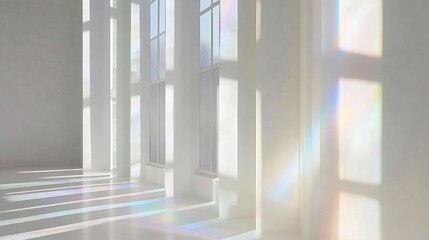 Wall Mural - Sunlight streams through windows in a minimalist room, casting rainbow prisms on the floor.