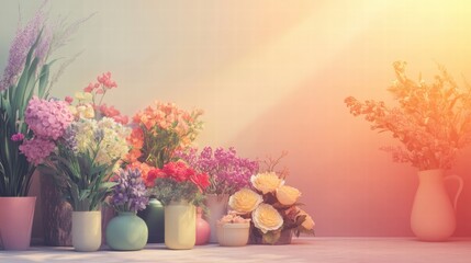 Poster - Brightly colored flowers arranged in vases against a softly lit backdrop during a serene afternoon. Generative AI