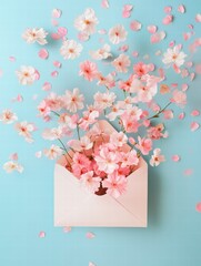 Aufkleber - Bright pink flowers cascading from an envelope against a blue background in a cheerful floral display. Generative AI