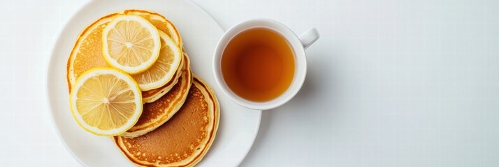 Fototapete - Delicious lemon pancakes served with warm tea for a cozy breakfast experience. Generative AI