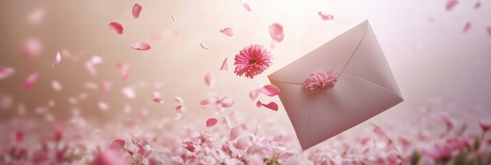 Poster - Envelope surrounded by pink flower petals floating in a gentle breeze during springtime. Generative AI