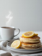 Poster - Delicious stack of pancakes with lemon slices alongside a steaming cup of coffee on a minimalistic table. Generative AI