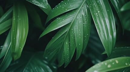 Poster - Close up of vibrant green leaves glistening with fresh raindrops, showcasing the beauty of nature after a refreshing rain shower, creating a tranquil and eco friendly atmosphere