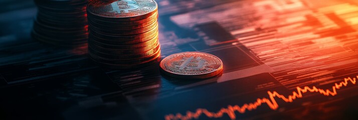 Poster - Stack of golden bitcoins is lying on a stock market chart showing negative trend, suggesting cryptocurrency market crash