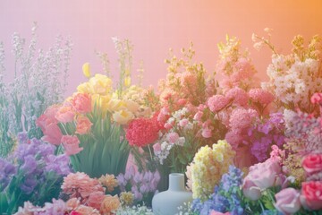 Poster - Colorful floral arrangement in a soft pastel setting with vibrant blossoms and greenery during sunny daylight. Generative AI