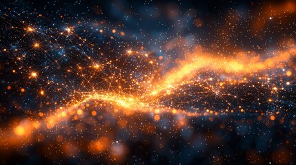 Poster - An abstract depiction of glittering orange nodes and connections against a dark background, illustrating global connectivity, data transfer, and the realms of cyber technology and web design