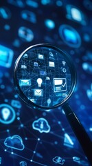 Poster - A magnifying glass hovering over a series of icons representing cloud-based collaboration tools like shared documents and virtual meetings .