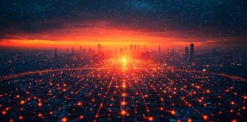 Poster - Nighttime abstraction of smart city lights with a river bridge, highlighting network connectivity, technology, and telecommunications