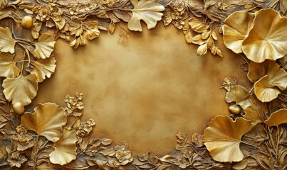 A three-dimensional depiction of golden leaves and ginkgo biloba set against a backdrop of brown paint.